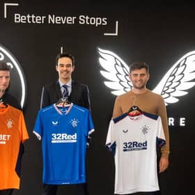 Rangers' commercial and marketing director James Bisgrove (centre) with Castore co-founders Phil and Tom Beahon at the relaunch of the Ibrox club's stadium retail outlet at the start of the season. (Craig Foy / SNS Group)