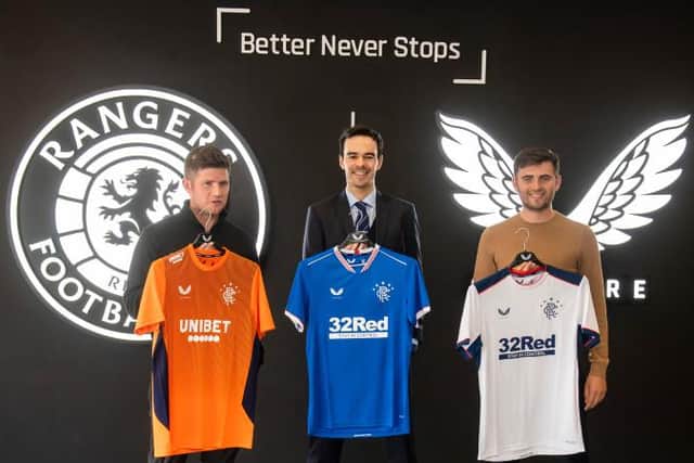Rangers' commercial and marketing director James Bisgrove (centre) with Castore co-founders Phil and Tom Beahon at the relaunch of the Ibrox club's stadium retail outlet at the start of the season. (Craig Foy / SNS Group)