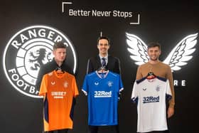 Rangers' commercial and marketing director James Bisgrove (centre) with Castore co-founders Phil and Tom Beahon at the relaunch of the Ibrox club's stadium retail outlet at the start of the season. (Craig Foy / SNS Group)