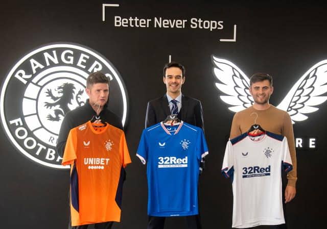 Rangers' commercial and marketing director James Bisgrove (centre) with Castore co-founders Phil and Tom Beahon at the relaunch of the Ibrox club's stadium retail outlet at the start of the season. (Craig Foy / SNS Group)