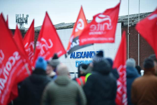 Hundreds of workers the Alexander Dennis manufacturing plant in Larbert have started a fortnight-long strike today as a dispute over pay continues. Picture: Michael Gillen