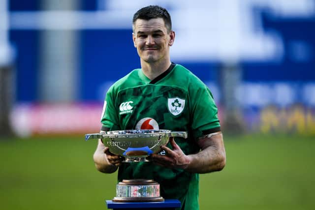Johnny Sexton with the Centenary Quaich after Ireland's 27-24 win over Scotland last year.  (Photo by Ross MacDonald / SNS Group)