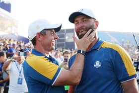 Rory McIlroy and Jon Rahm celebrate Europe's vicory in the Ryder Cup at Marco Simone Golf Club in Rome last month. Patrick Smith/Getty Images.