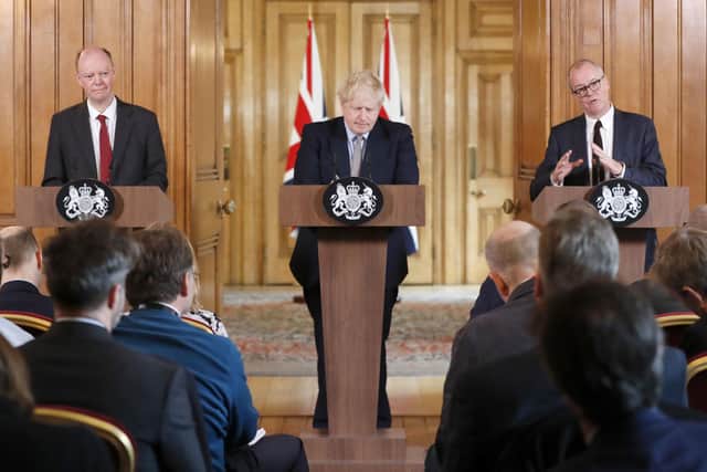 (Left to right) Chief Medical Officer for England Chris Whitty, Prime Minister Boris Johnson and Chief Scientific Adviser Sir Patrick Vallance during a press conference at Downing Street, London, on the government's coronavirus action plan. Picture: Frank Augstein/PA Wire
