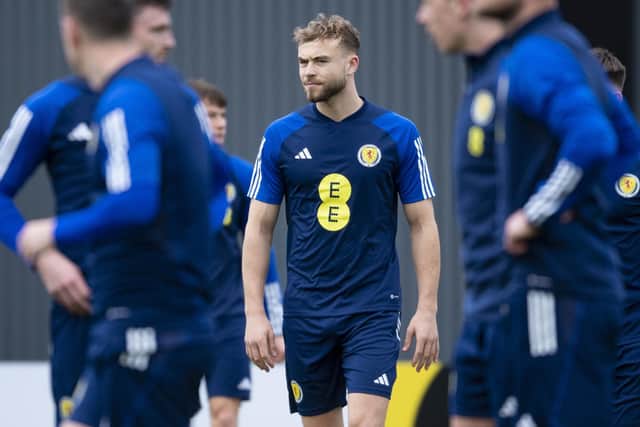 Ryan Porteous trains with Scotland ahead of the opening Euro 2024 qualifier against Cyprus at Hampden. (Photo by Ross MacDonald / SNS Group)