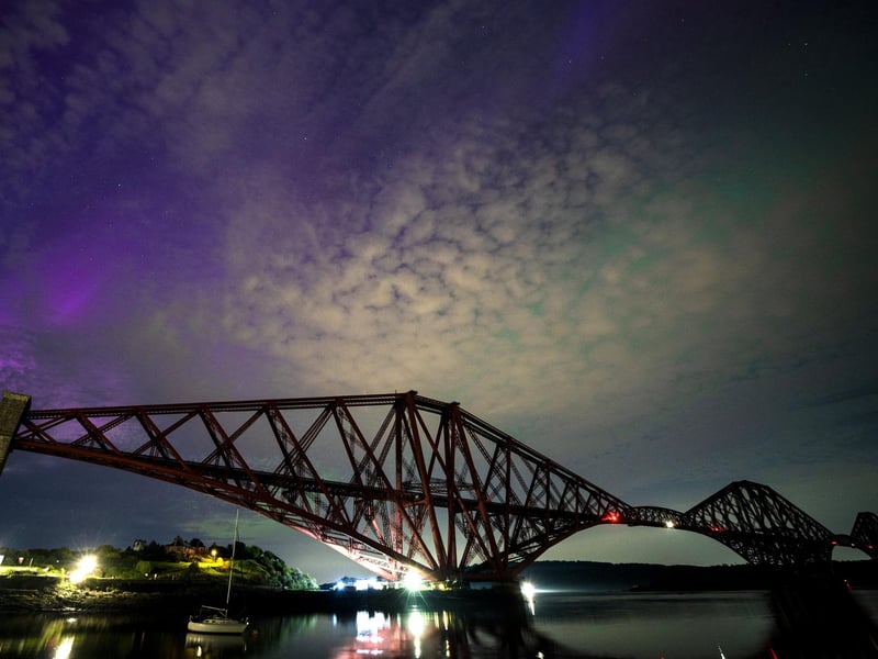 The aurora borealis, also known as the northern lights, above the Forth Bridge at North Queensferry.