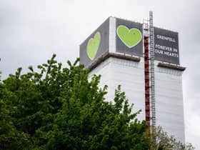 The covered structure of Grenfell Tower in London Photo by Leon Neal/Getty Images