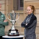 Rangers' Kathryn Hill (right) and Caitlin Hayes of Celtic pictured with the Women's Scottish Cup. (Photo by Craig Williamson / SNS Group)