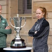 Rangers' Kathryn Hill (right) and Caitlin Hayes of Celtic pictured with the Women's Scottish Cup. (Photo by Craig Williamson / SNS Group)