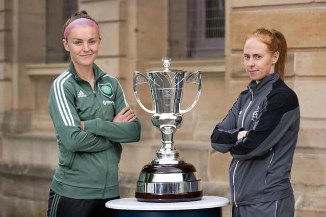 Rangers' Kathryn Hill (right) and Caitlin Hayes of Celtic pictured with the Women's Scottish Cup. (Photo by Craig Williamson / SNS Group)