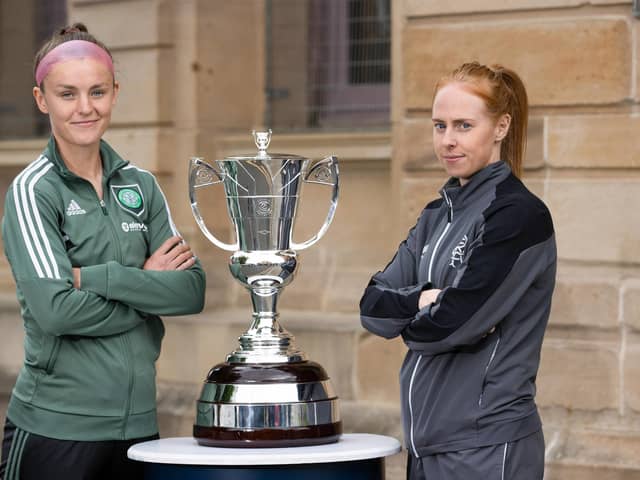 Rangers' Kathryn Hill (right) and Caitlin Hayes of Celtic pictured with the Women's Scottish Cup. (Photo by Craig Williamson / SNS Group)
