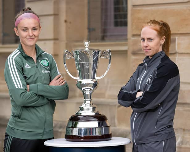 Rangers' Kathryn Hill (right) and Caitlin Hayes of Celtic pictured with the Women's Scottish Cup. (Photo by Craig Williamson / SNS Group)