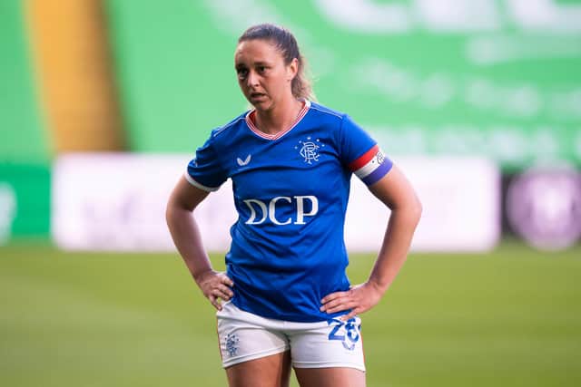 GLASGOW, SCOTLAND - APRIL 21: Brianna Westrup in action for Rangers during a SWPL match between Celtic and Rangers at Celtic Park, on April 21, 2021, in Glasgow, Scotland. (Photo by Craig Foy / SNS Group)