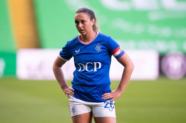 GLASGOW, SCOTLAND - APRIL 21: Brianna Westrup in action for Rangers during a SWPL match between Celtic and Rangers at Celtic Park, on April 21, 2021, in Glasgow, Scotland. (Photo by Craig Foy / SNS Group)