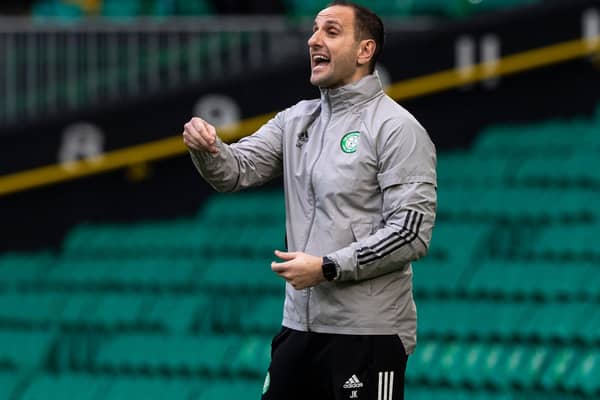 Celtic interim manager John Kennedy looks to get a point across in his first game in charge, and had points to make about Kristoffer Ajer after the Norwegian's efforts helped earn a 1-0 win over Aberdeen in the game. (Photo by Craig Williamson / SNS Group)