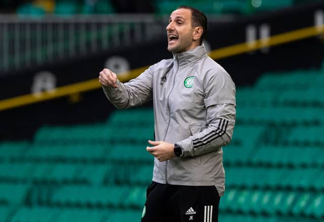 Celtic interim manager John Kennedy looks to get a point across in his first game in charge, and had points to make about Kristoffer Ajer after the Norwegian's efforts helped earn a 1-0 win over Aberdeen in the game. (Photo by Craig Williamson / SNS Group)