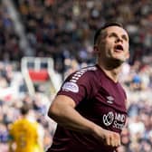 Hearts' Lawrence Shankland celebrates after Yutaro Oda scored to make it 2-2 against Livingston. (Photo by Mark Scates / SNS Group)
