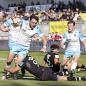 Glasgow's Rufus Mclean is tackled by Alessandro Fusco of Zebre. Pic: Massimiliano Carnabuci/INPHO/Shutterstock (12540389x)