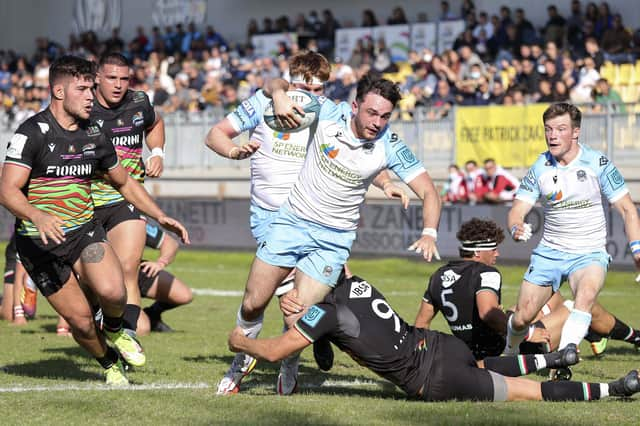 Glasgow's Rufus Mclean is tackled by Alessandro Fusco of Zebre. Pic: Massimiliano Carnabuci/INPHO/Shutterstock (12540389x)