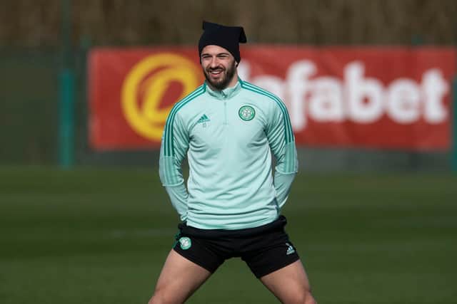 Albian Ajeti during a recent Celtic training session at Lennoxtown, which is the one place that the Swiss striker is not pictured in the club colours. (Photo by Craig Foy / SNS Group)