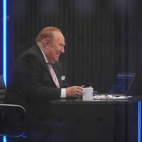 Presenter Andrew Neil prepares to broadcast from a studio during the launch event for new TV channel GB News.