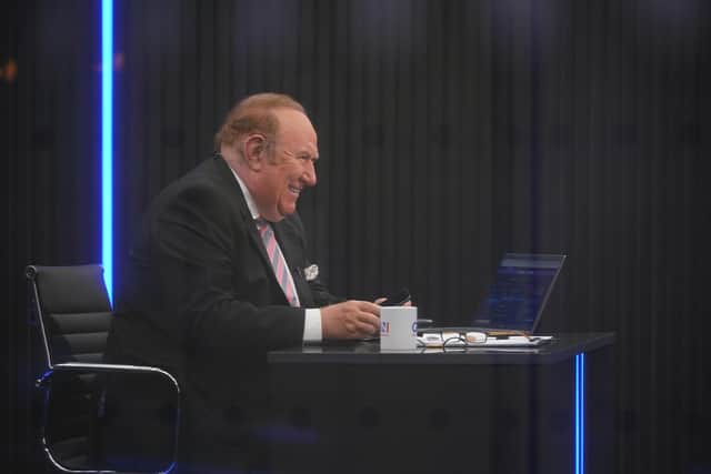 Presenter Andrew Neil prepares to broadcast from a studio during the launch event for new TV channel GB News.
