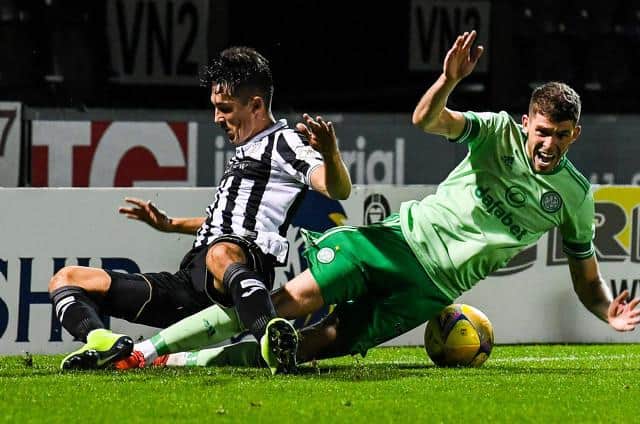 St Mirren's Connor McCarthy and Ryan Christie in action during the Scottish Premiership match between St Mirren and Celtic on September 16, 2020, in Paisley (Photo by Craig Foy / SNS Group)