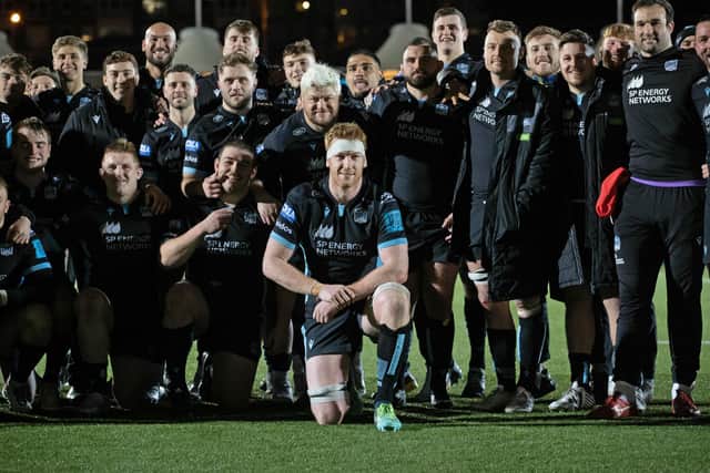 Rob Harley and his Glasgow Warriors team-mates after the win over Zebre. It was potentially Harley's final home game as a Glasgow player. (Photo by Craig Williamson / SNS Group)