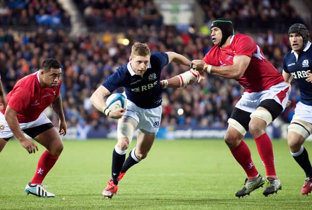 Finn Russell in action for Scotland against Tonga at Rugby Park in November 2014
