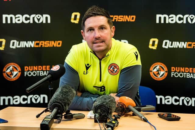Liam Fox addresses the media during his first press conference as permanent Dundee United manager.