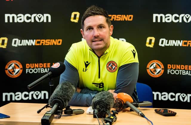 Liam Fox addresses the media during his first press conference as permanent Dundee United manager.