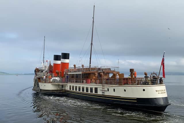 Waverley leaving Greenock last week following the completion of boiler replacement work. Picture: Waverley Excursions.