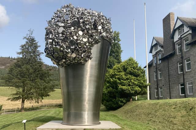 Stainless steel sculpture by Subodh Gupta in grounds of Invercauld Hotel as Iwan and Manuela Wirth develop their art trail throughout the village. PIC: Contributed.