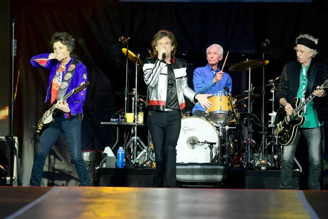 The Rolling Stones (left to right) Ronnie Wood, Mick Jagger, Charlie Watts and Keith Richards, performing at the London Stadium in London.