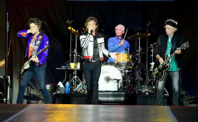 The Rolling Stones (left to right) Ronnie Wood, Mick Jagger, Charlie Watts and Keith Richards, performing at the London Stadium in London.