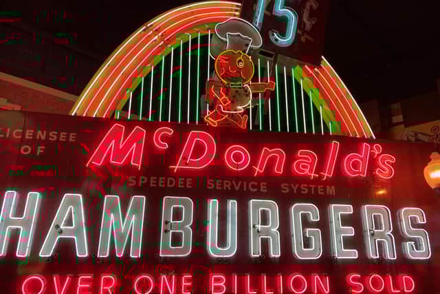 A retro McDonald's neon sign at the American Sign Museum in Cincinnati. Pic: Hannah Stephenson/PA Photo