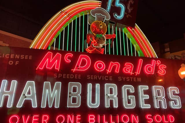 A retro McDonald's neon sign at the American Sign Museum in Cincinnati. Pic: Hannah Stephenson/PA Photo