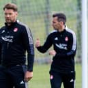 Coach Alan Russell and Stephen Glass during an Aberdeen training session at Cormack Park on June 21, 2021.  (Photo by Ross MacDonald / SNS Group)
