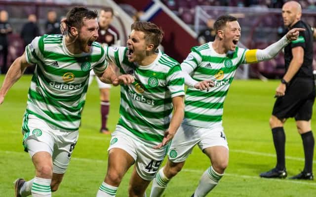 Celtic's Anthony Ralston celebrates making it 1-1 during a cinch Premiership match between Hearts and Celtic at Tynecastle on July 31. (Photo by Alan Harvey / SNS Group)