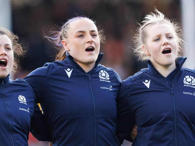 Scotland's Caity Mattinson, Evie Gallagher and Alex Stewart during the national anthems against France.