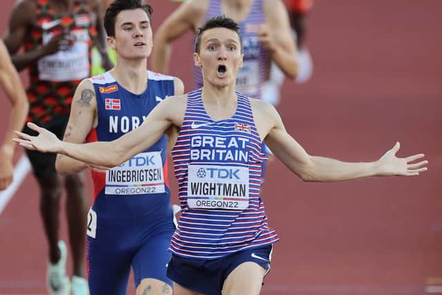 Jake Wightman's face says it all as he beats Olympic champion Jakob Ingebrigtsen to win gold at the World Athletics Championships in Eugene, Oregon. (Photo by Andy Lyons/Getty Images for World Athletics)
