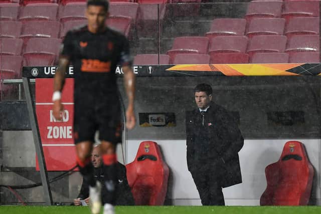 A pensive Steven Gerrard looks on during Rangers' dramatic 3-3 Europa League draw against Benfica in Lisbon on Thursday. (Photo by PATRICIA DE MELO MOREIRA/AFP via Getty Images)