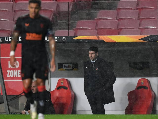 A pensive Steven Gerrard looks on during Rangers' dramatic 3-3 Europa League draw against Benfica in Lisbon on Thursday. (Photo by PATRICIA DE MELO MOREIRA/AFP via Getty Images)