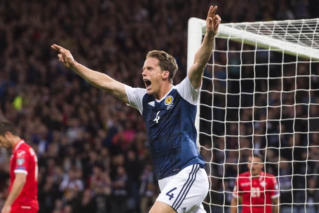 Christophe Berra celebrated scoring for Scotland against Malta in a World Cup qualifier in 2017 - one of his 41 caps