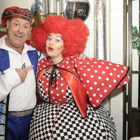 Andy Gray (Buttons) and daughter Clare Gray (Wicked Sister) meet backstage during Cinderella at the  Kings Theatre