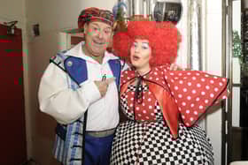 Andy Gray (Buttons) and daughter Clare Gray (Wicked Sister) meet backstage during Cinderella at the  Kings Theatre
