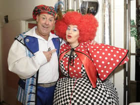 Andy Gray (Buttons) and daughter Clare Gray (Wicked Sister) meet backstage during Cinderella at the  Kings Theatre