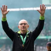 GLASGOW, SCOTLAND - MAY 16: Martin O'Neill, Interim Manager of Celtic acknowledges the fans after winning the William Hill Premiership trophy following the team's victory in the William Hill Premiership match between Celtic and Heart of Midlothian at Celtic Park on May 16, 2026 in Glasgow, Scotland. (Photo by Ian MacNicol/Getty Images)