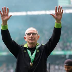 GLASGOW, SCOTLAND - MAY 16: Martin O'Neill, Interim Manager of Celtic acknowledges the fans after winning the William Hill Premiership trophy following the team's victory in the William Hill Premiership match between Celtic and Heart of Midlothian at Celtic Park on May 16, 2026 in Glasgow, Scotland. (Photo by Ian MacNicol/Getty Images)