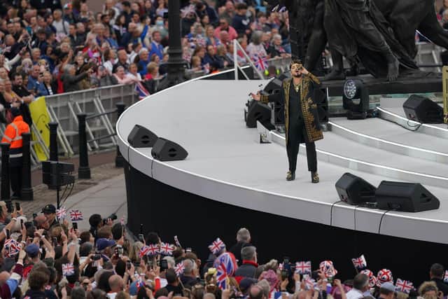 Adam Lambert of Queen performs during the Platinum Party at the Palace in front of Buckingham Palace